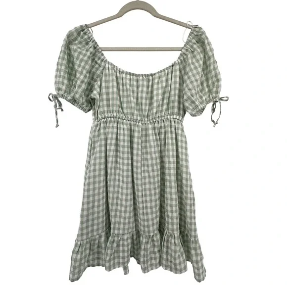 Thirty Thirty Gingham Dress M Green Ruffle Tier Cottagecore Romantic Puff Sleeve - Picture 1 of 8